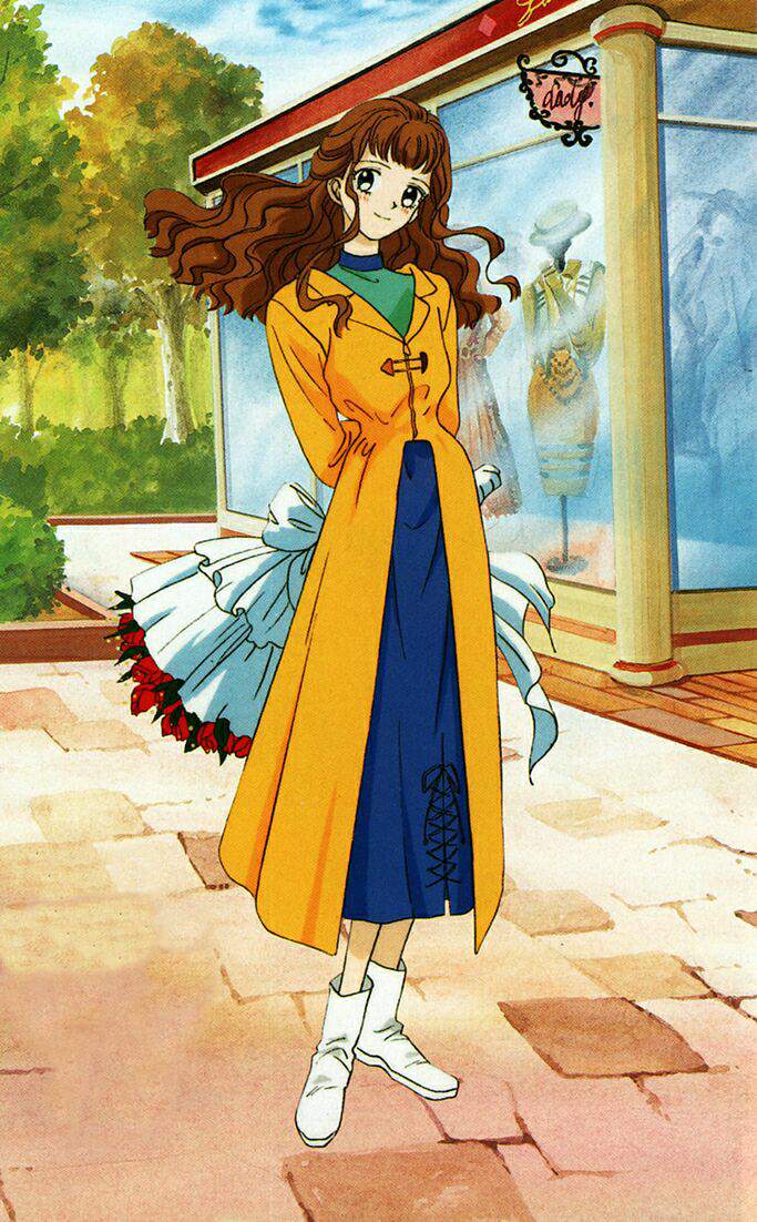 1girl, 90s, akizuki_meiko, brown_hair, flower, long_hair, marmalade_boy, shop, solo, tree
