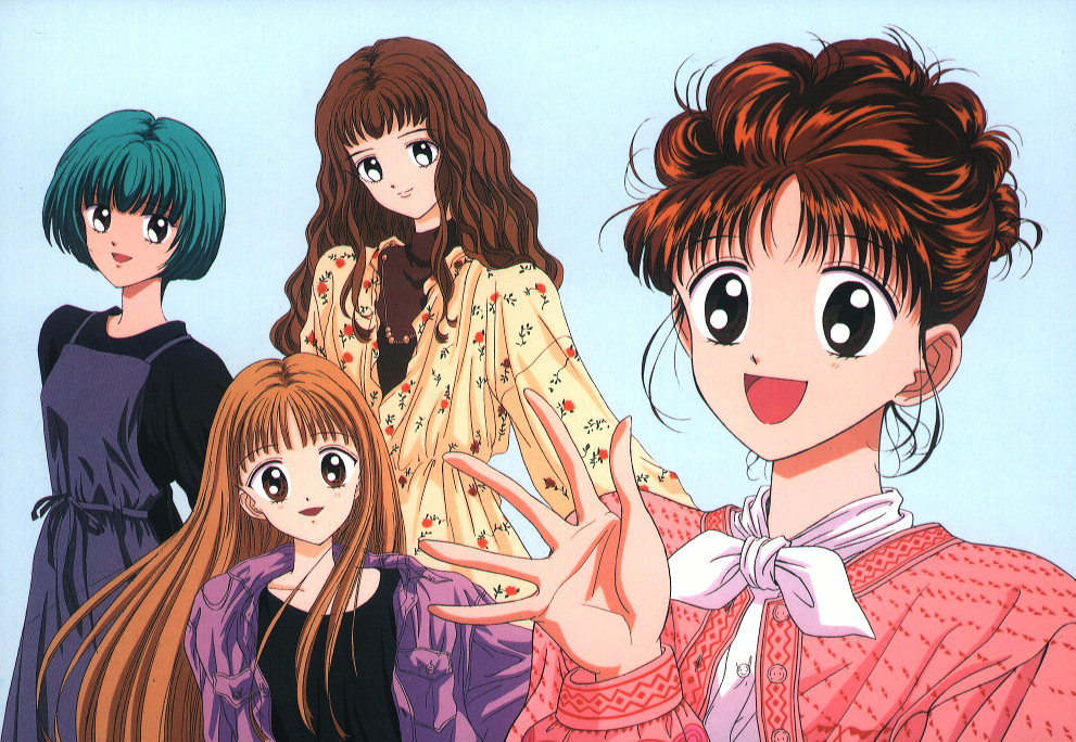 4girls, 90s, akizuki_meiko, beads, brown_hair, coat, dress, green_hair