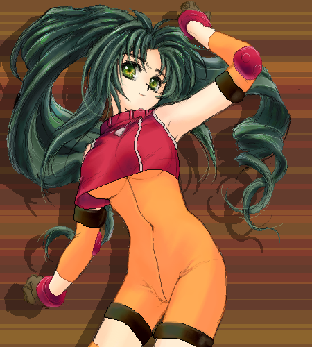 1girl, breasts, cosplay, green_eyes, green_hair, jochuu-san, long_hair, lowres, oekaki, original, parody, solo, solty_rei, solty_revant, solty_revant_(cosplay), under_boob, yagisaka_seto