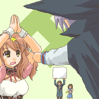 2girls, abekawa, asahina_mikuru, cape, hat, lowres, multiple_girls, nagato_yuki