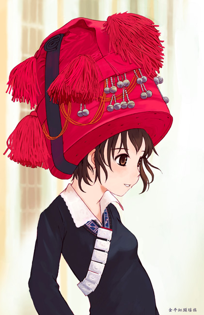 1girl, :d, artist_name, bell, brown_eyes, brown_hair, collar, from_side