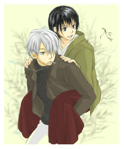 1boy, 1girl, black_eyes, black_hair, blue_eyes, carrying, cigarette, couple