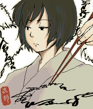 1girl, black_eyes, black_hair, chopsticks, expressionless, holding, japanese_clothes, long_sleeves