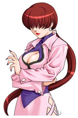 1girl, breasts, brown_hair, cleavage, cleavage_cutout, earrings, hair_over_eyes, jewelry, king_of_fighters, king_of_fighters_neowave, kof_neowave, lipstick, long_hair, lowres, makeup, nail_polish, nakano_tomokazu, official_art, ponytail, purple_nails, shermie, snk, solo, the_king_of_fighters, the_king_of_fighters_neowave