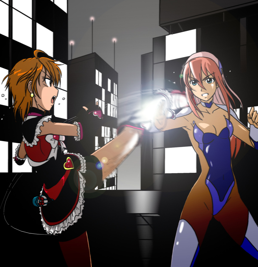 2girls, battle, bike_shorts, birdy_cephon_altirra, birdy_the_mighty, birdy_the_mighty_decode, brown_hair, city, crossover, cure_black, fighting, futari_wa_precure, futari_wa_pretty_cure, highres, kakkii, kick, kicking, long_hair, magical_girl, misumi_nagisa, multicolored_hair, multiple_girls, night, pink_hair, precure, short_hair, tetsuwan_birdy, tetsuwan_birdy_decode, thigh-highs, thighhighs, two-tone_hair
