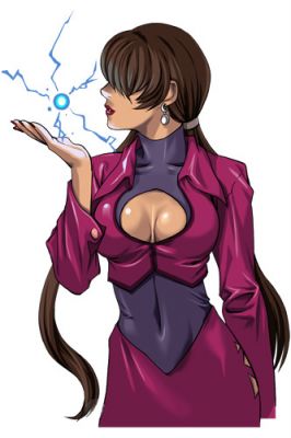 1girl, breasts, cleavage, cleavage_cutout, dark_persona, dark_skin, earrings, hair_over_eyes