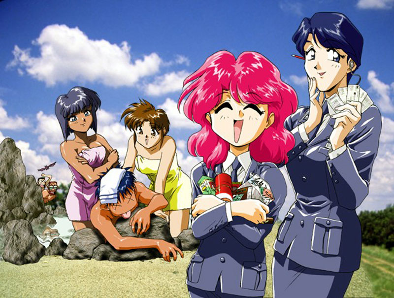 3boys, 4girls, 90s, ^_^, aozora_shoujotai, blue_eyes, blue_hair, brown_eyes, brown_hair, closed_eyes, crossed_arms, haneda_miyuki, isurugi_takuya, mitaka_arisa, mixed_bathing, multiple_boys, multiple_girls, onsen, pilot_suit, pink_hair, saginomiya_sakura, shimorenjaku_yoko, shimorenjaku_youko, short_hair, smile, towel, x_x