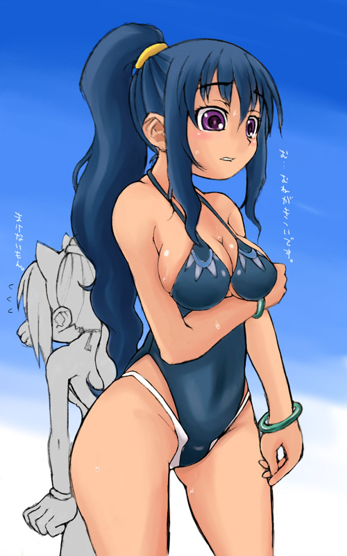 2girls, animal_ears, arin, bangle, blue_hair, bracelet, breast_hold, breasts