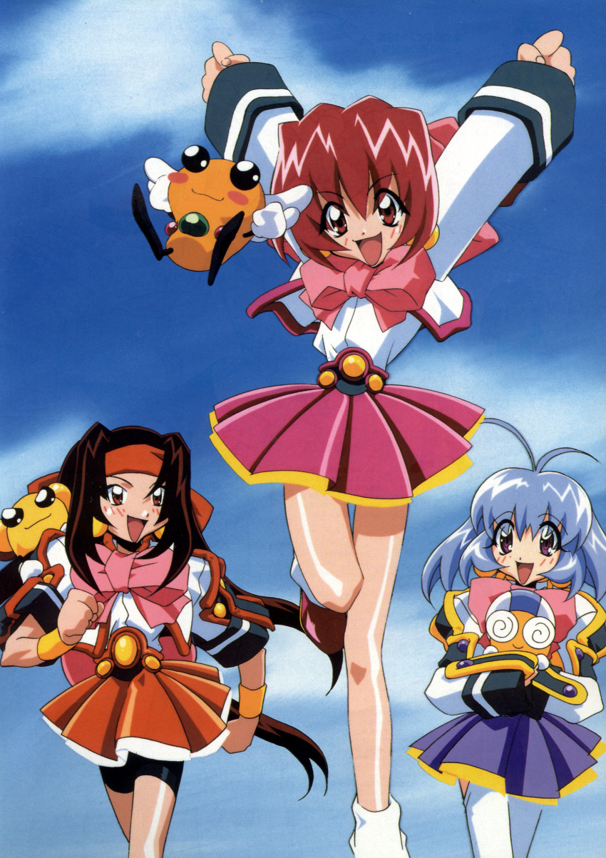 3girls, 90s, absurdres, akihabara_dennou_gumi, antenna_hair, arms_up, bike_shorts, blue_eyes