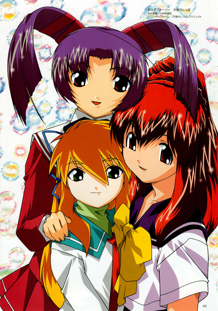 00s, 3girls, :d, alternate_hairstyle, blazer, bow, flat_chest, green_eyes