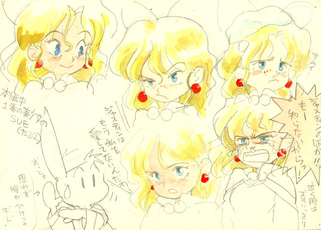 1girl, 90s, alternate_hair_color, angry, annoyed, blonde_hair, blue_eyes, capelet