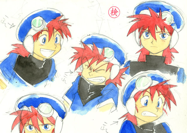 1boy, 90s, clenched_teeth, concept_art, game_arts, goggles, grandia, grandia_i