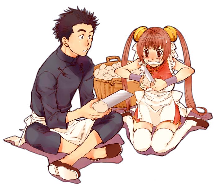 1boy, 1girl, angry, apron, basket, black_hair, blush, brown_eyes, brown_hair, china_dress, chinese_clothes, cooking, dress, furudori_yayoi, knife, legs_crossed, original, peeling, potato, sitting, thigh-highs, twintails, wariza