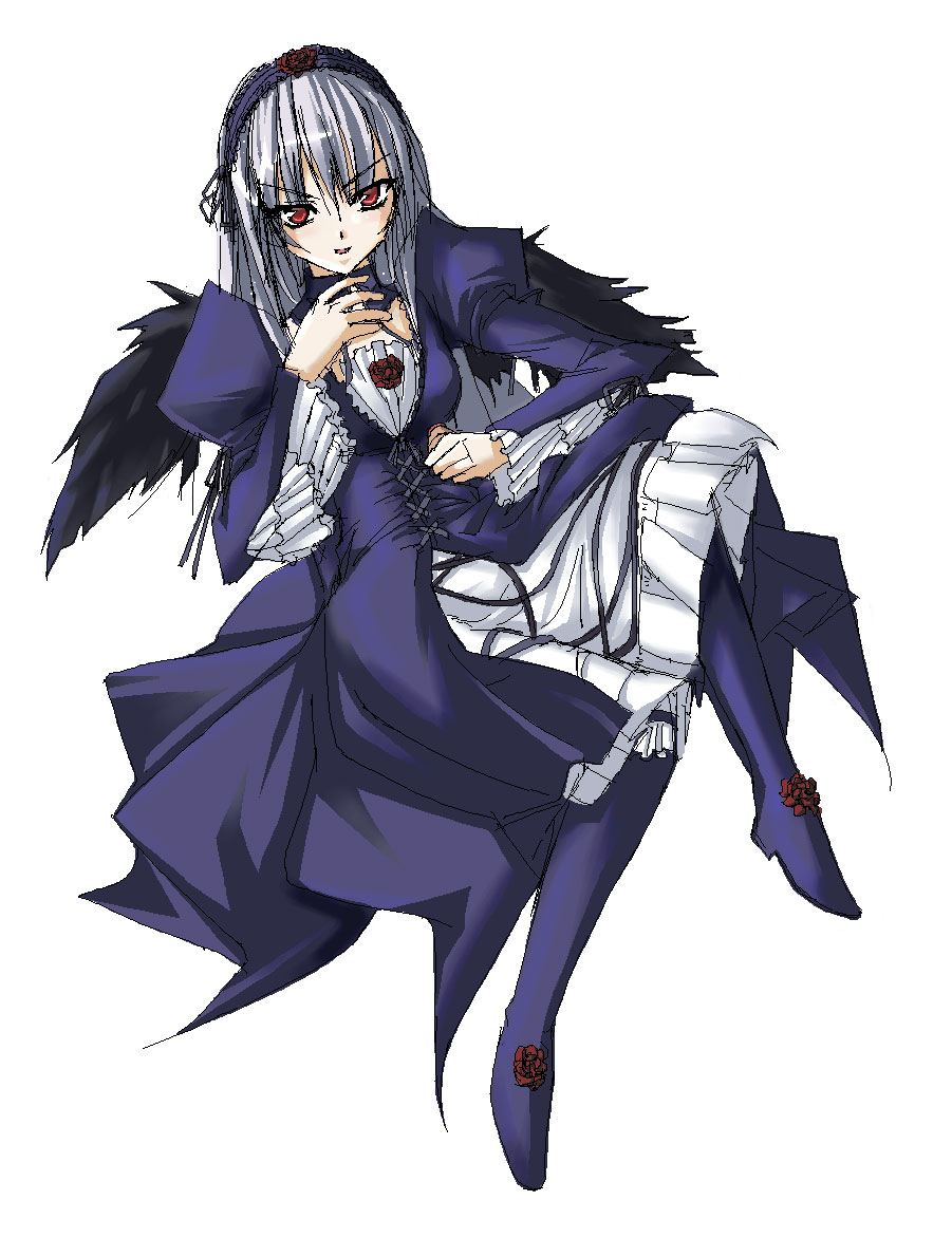 00s, dress, lactic_acid_bacteria, red_eyes, rozen_maiden, silver_hair, simple_background, suigintou, yakult