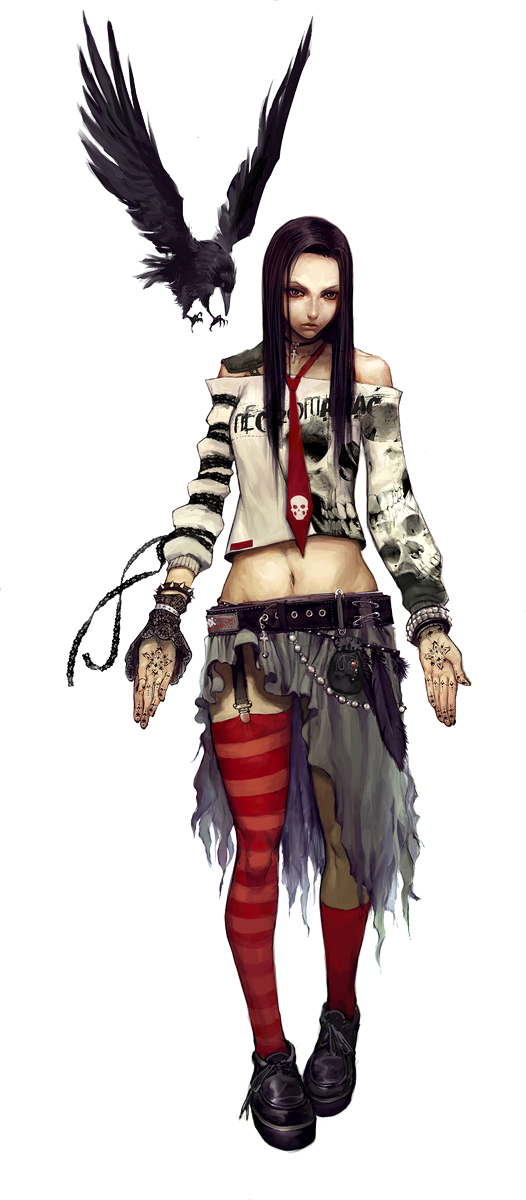1girl, all_points_bulletin, arnold_tsang, bird, gossamer_(all_points_bulletin), gothic, highres, legs, lips, necktie, solo, standing, thigh-highs, udon_entertainment