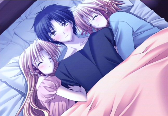 1boy, 2girls, arm_clutch, arm_hug, bed, bedroom, cuddling, double_arm_hug