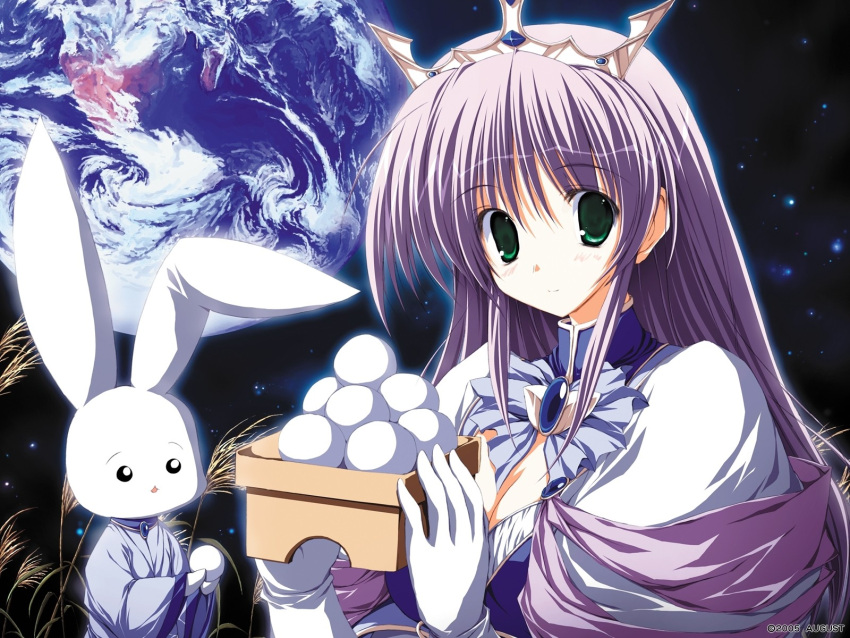 1girl, augustic_pieces, earth, feena_fam_earthlight, food, gloves, green_eyes, highres, mochi, moon_rabbit, princess, purple_hair, rabbit, tsukinon, wagashi, wallpaper, yoake_mae_yori_ruri_iro_na