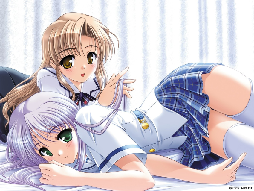 2girls, augustic_pieces, bed, bekkankou, feena_fam_earthlight, highres, hozumi_sayaka, lying, miniskirt, multiple_girls, plaid, plaid_skirt, school_uniform, serafuku, skirt, thigh-highs, wallpaper, yoake_mae_yori_ruri_iro_na, yuri, zettai_ryouiki