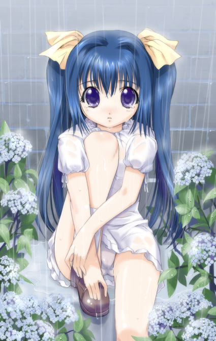 1girl, blue_hair, child, csy, flower, hydrangea, long_hair, panties
