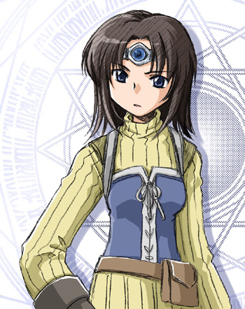 1girl, belt, belt_pouch, blue_eyes, brooch, brown_hair, cowboy_shot, gem