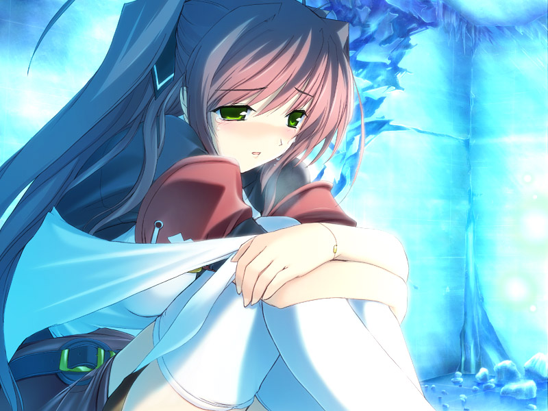 1girl, 5pb., belt, blush, game_cg, green_eyes, hair_ornament, leg_hug