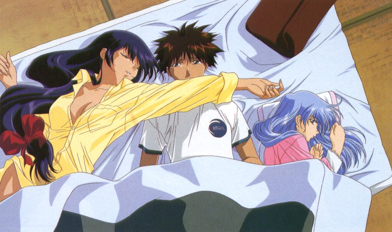 1boy, 2girls, bed, bottomless, hoshino_ruri, jealous, kidou_senkan_nadesico, misumaru_yurika