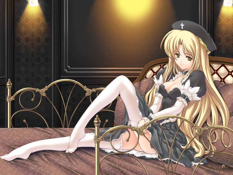 1girl, arm_garter, bed, blonde_hair, game_cg, hat, maid, original, solo, suzuno_kouya, thigh-highs