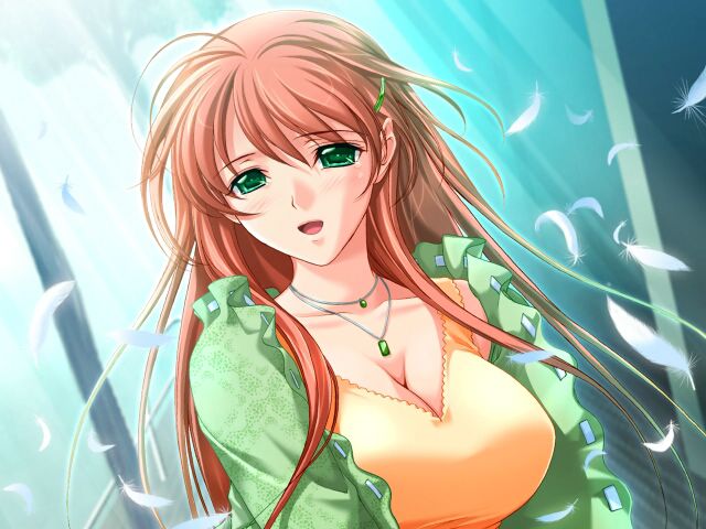 1girl, akibakei_kanojo, aoi_ren, breasts, cleavage, feathers, game_cg, green_eyes