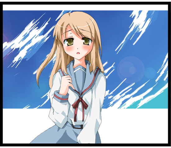 1girl, asahina_mikuru, black_border, blonde_hair, blue_skirt, blue_sky, blush, border