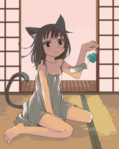 1girl, animal_ears, barefoot, bell, camisole, cat_ears, cat_tail, chemise