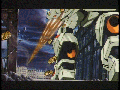 90s, animated, animated_gif, battle, casing_ejection, city, death, f71_g-cannon, firing, gundam, gundam_f91, lowres, mecha, novelty_death, screencap, shell_casing, war, what
