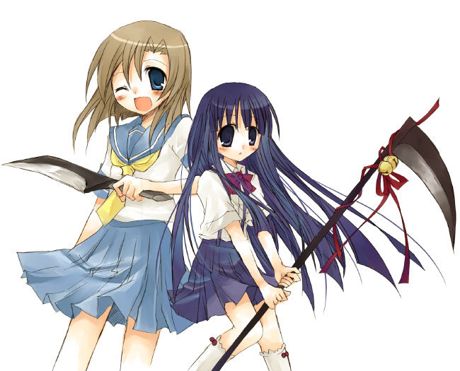 2girls, billhook, furude_rika, hatchet, higurashi_no_naku_koro_ni, multiple_girls, ryuuguu_rena, school_uniform