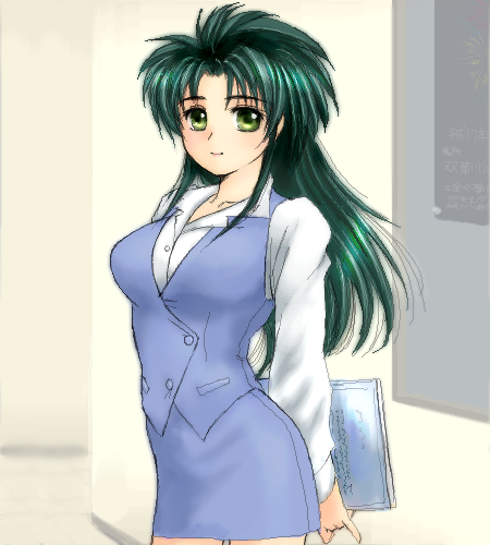 1girl, green_hair, jochuu-san, lowres, oekaki, office_lady, original, pencil_skirt