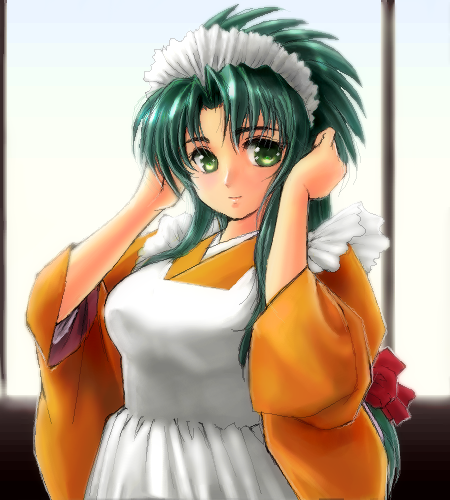 1girl, green_hair, jochuu-san, lowres, maid, oekaki, original, solo