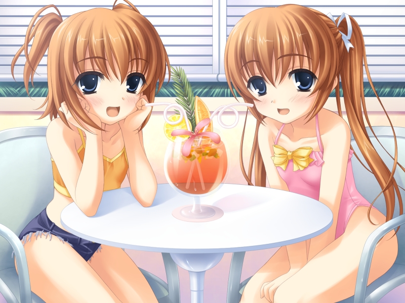 2girls, between_thighs, blue_eyes, blush, brown_hair, camisole, casual_one-piece_swimsuit, chair
