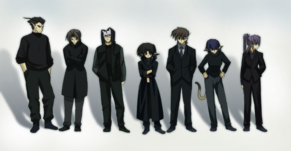 3girls, 4boys, animal_ears, benawi, black_suit, coat, dog_ears, eruruw