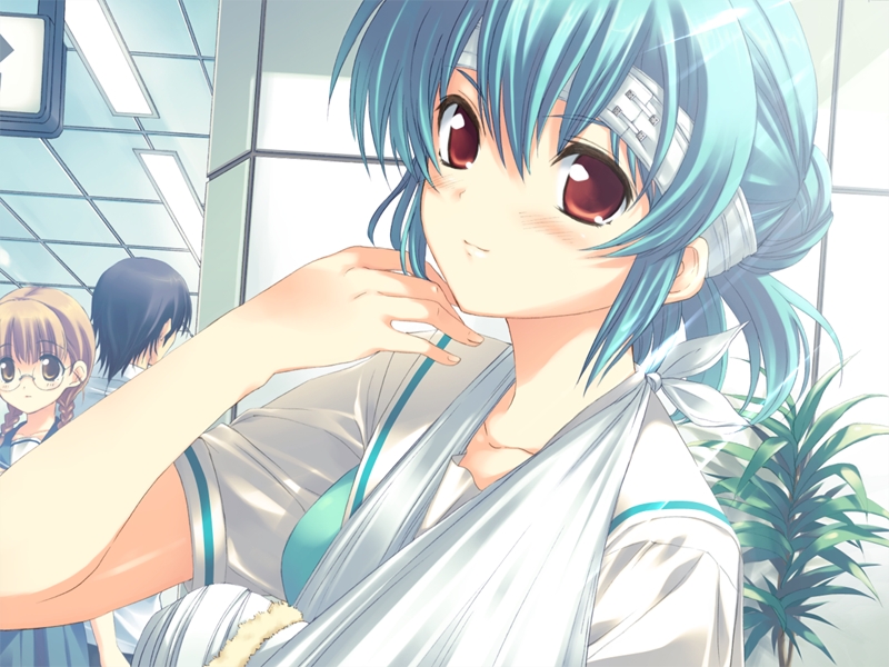1boy, 2girls, arm_sling, bandage, black_hair, blue_hair, blush, braid