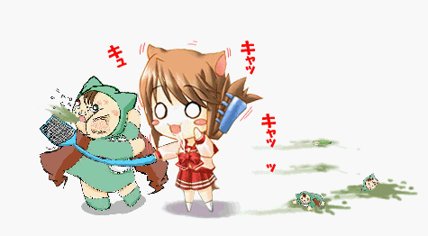 00s, 0_0, 1girl, apron, backpack, bag, brown_hair, chibi