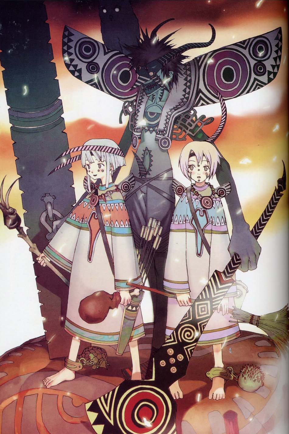 3boys, animal, arrow, barefoot, bird, blue_skin, broom, cuffs
