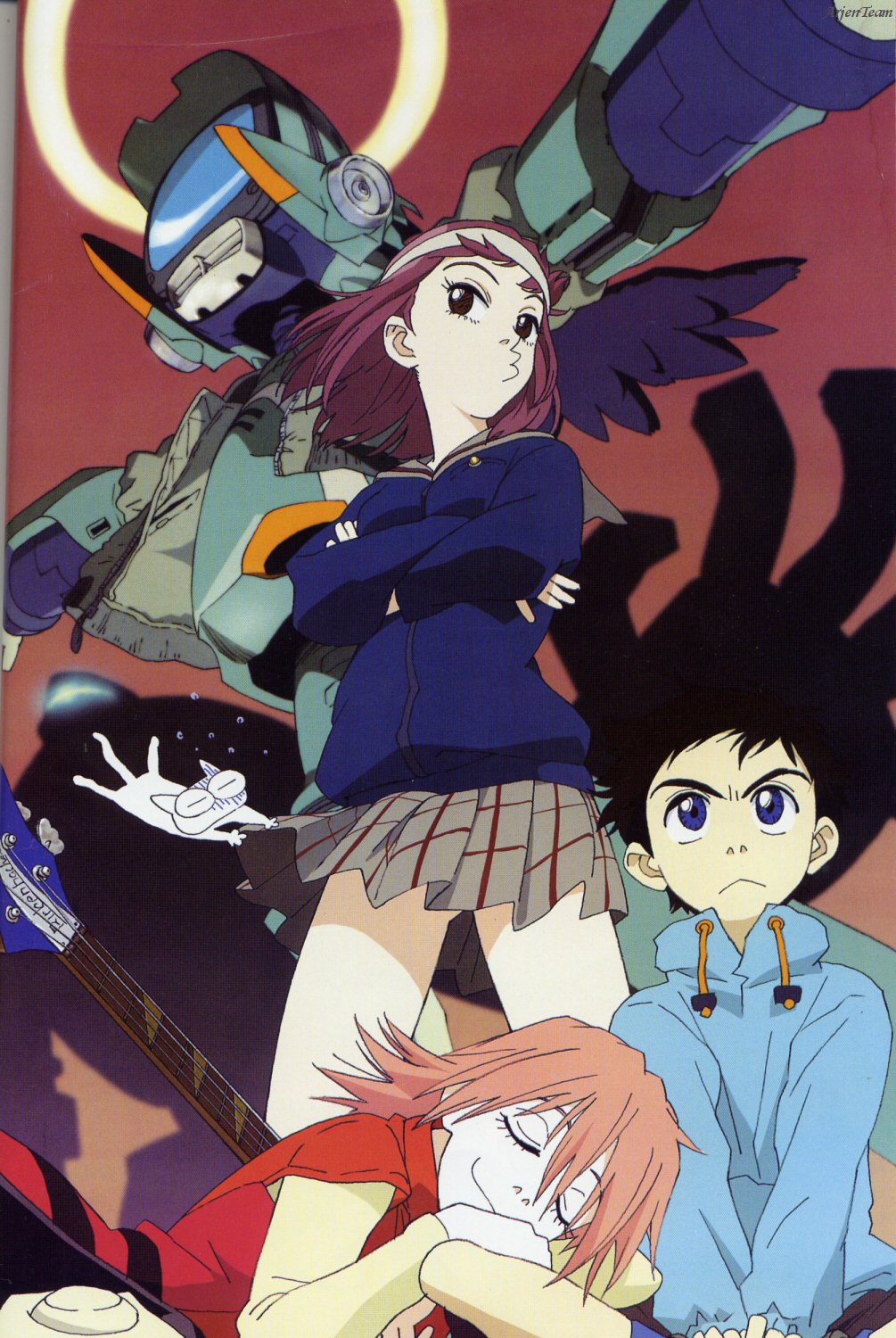 00s, 1boy, 2girls, angel_wings, bass_guitar, blue_eyes, brown_hair, canti