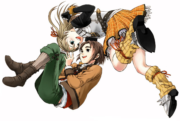 1boy, 1girl, armor, armored_dress, belt, boots, brown_hair, cecile_(suikoden)