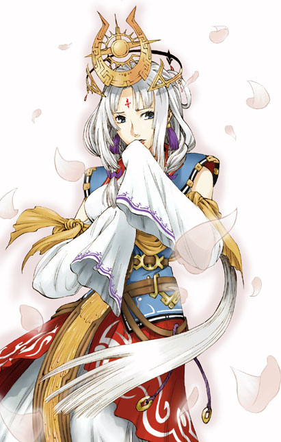 1girl, arshtat_falenas, blue_eyes, crown, detached_sleeves, dress, facial_mark, forehead_mark