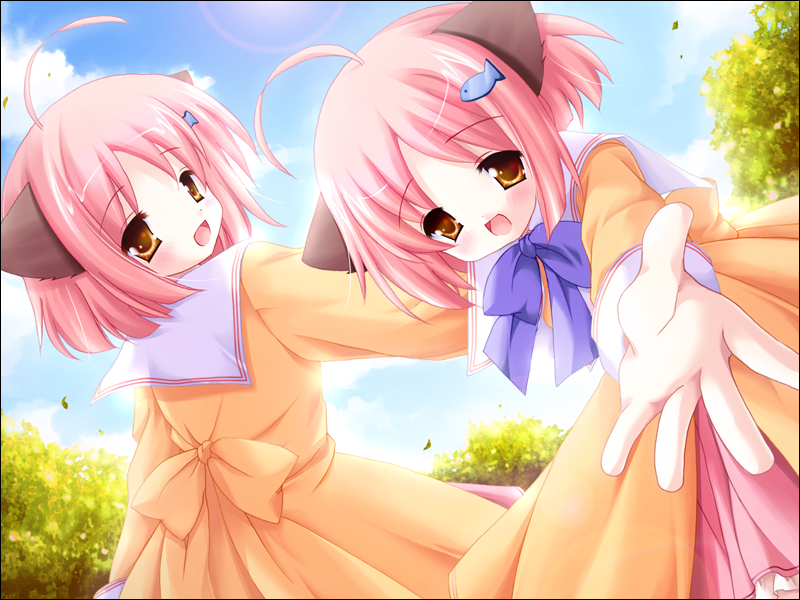 2girls, ahoge, animal_ears, blush, cat_ears, child, dress, fish, game_cg, hair_ornament, hairclip, hands, inuzumi_masaki, multiple_girls, nami_(neko_kawaigari!), nami_(nekokawaigari), natsume_eri, neko_kawaigari!, nekokawaigari, outdoors, outstretched_arm, outstretched_hand, pink_hair, pov, reaching, school_uniform, serafuku, short_hair, siblings, sisters, sky, twins, umi_(neko_kawaigari!), umi_(nekokawaigari), yellow_eyes