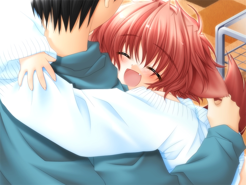 1boy, 1girl, :d, ^_^, animal_ears, black_hair, blush, checkered
