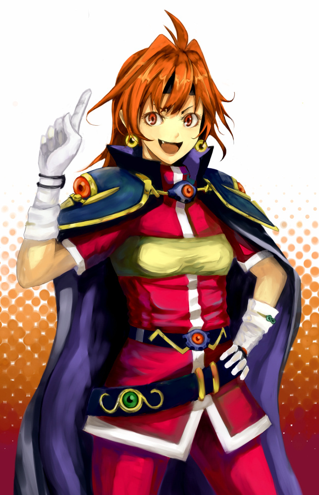 brown_hair, cape, earrings, fang, gloves, headband, jewelry, lina_inverse