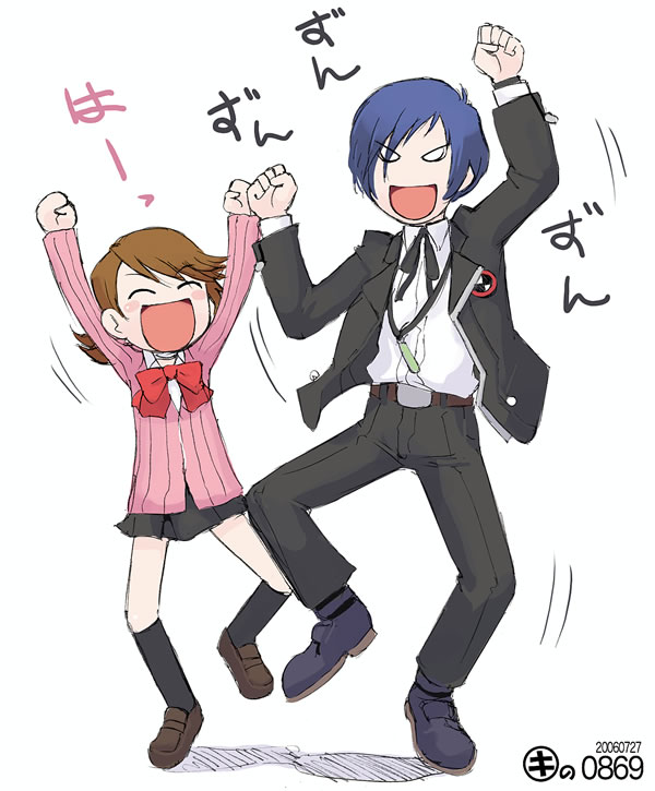 arisato_minato, atlus, blue_hair, bow, brown_hair, cardigan, digital_media_player, kei_jiei, kitaro, parody, persona, persona_3, ribbon, school_uniform, serafuku, takeba_yukari, yotsubato!, yuuki_makoto