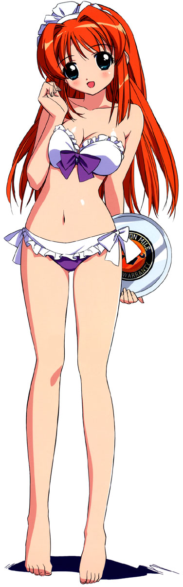 1girl, bandeau, barefoot, bikini, blue_eyes, blush, bow, breasts, cleavage, feet, frilled_bikini, frills, frisbee, head_tilt, highres, hikari_(kono_minikuku), hikari_(kono_minikuku_mo_utsukushii_sekai), hikari_(konomini), kono_minikuku_mo_utsukushii_sekai, konomini, long_hair, long_image, maid_bikini, maid_headdress, medium_breasts, orange_hair, redhead, side-tie_bikini, simple_background, solo, standing, strapless, swimsuit, takamura_kazuhiro, tall_image, tray, tubetop, waitress
