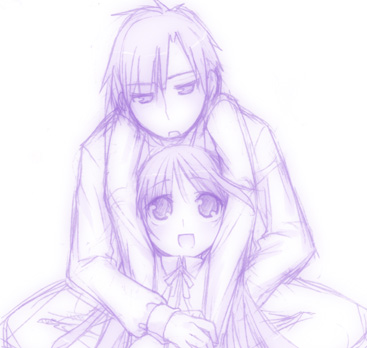 2boys, child, crossdressinging, happiness!, kashiwamochi_yomogi, kohinata_yuuma, lowres, male_focus, monochrome, multiple_boys, purple, sketch, trap, watarase_jun, white_background