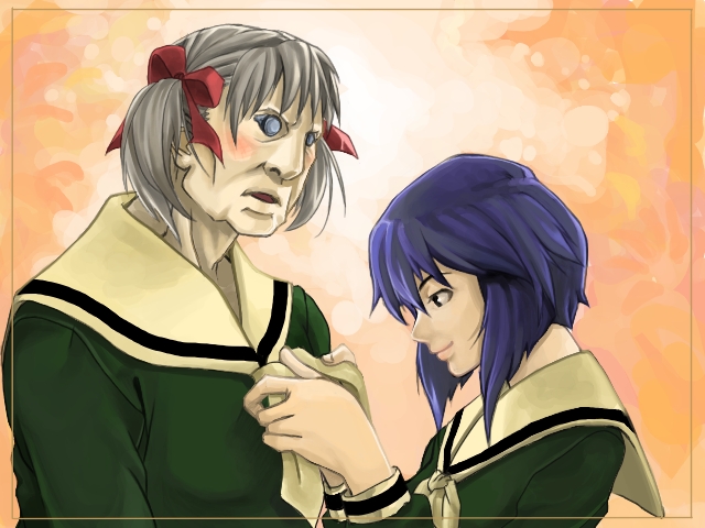 batou, blush, crossdressinging, crossover, ghost_in_the_shell, ghost_in_the_shell_stand_alone_complex, gits:sac, kusanagi_motoko, maria-sama_ga_miteru, parody, scarf_tying, school_uniform, serafuku, shuuei, what