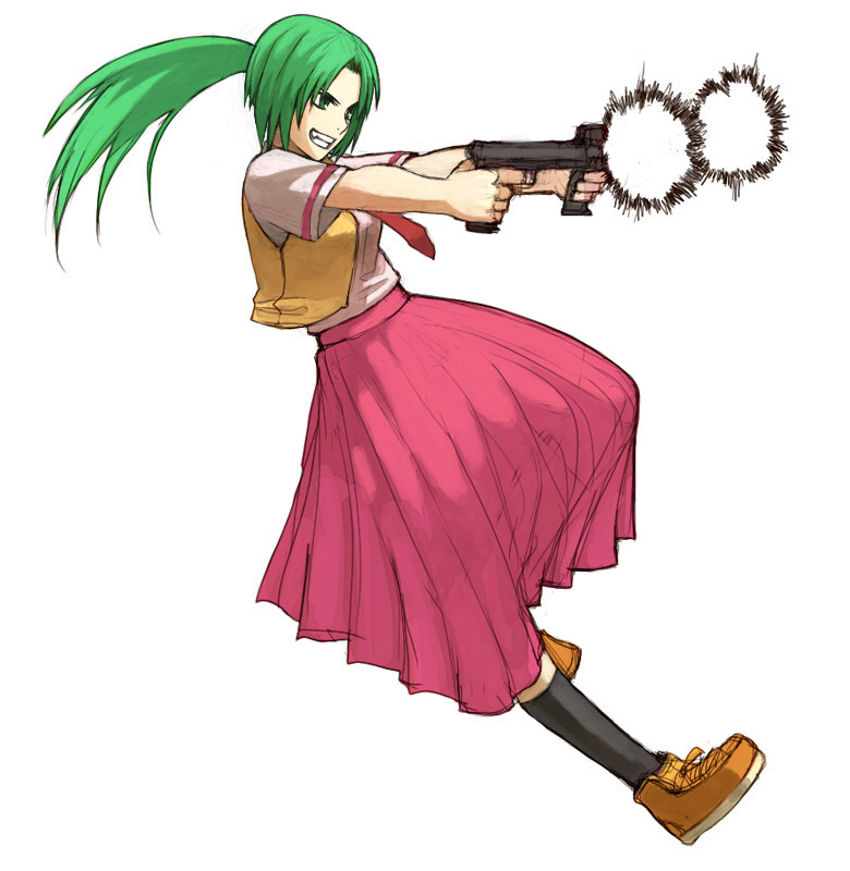 1girl, dual_wielding, firing, full_body, green_eyes, green_hair, grin, gun